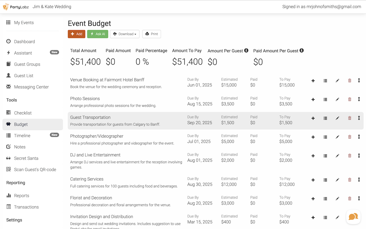 AI-generated event budget template
